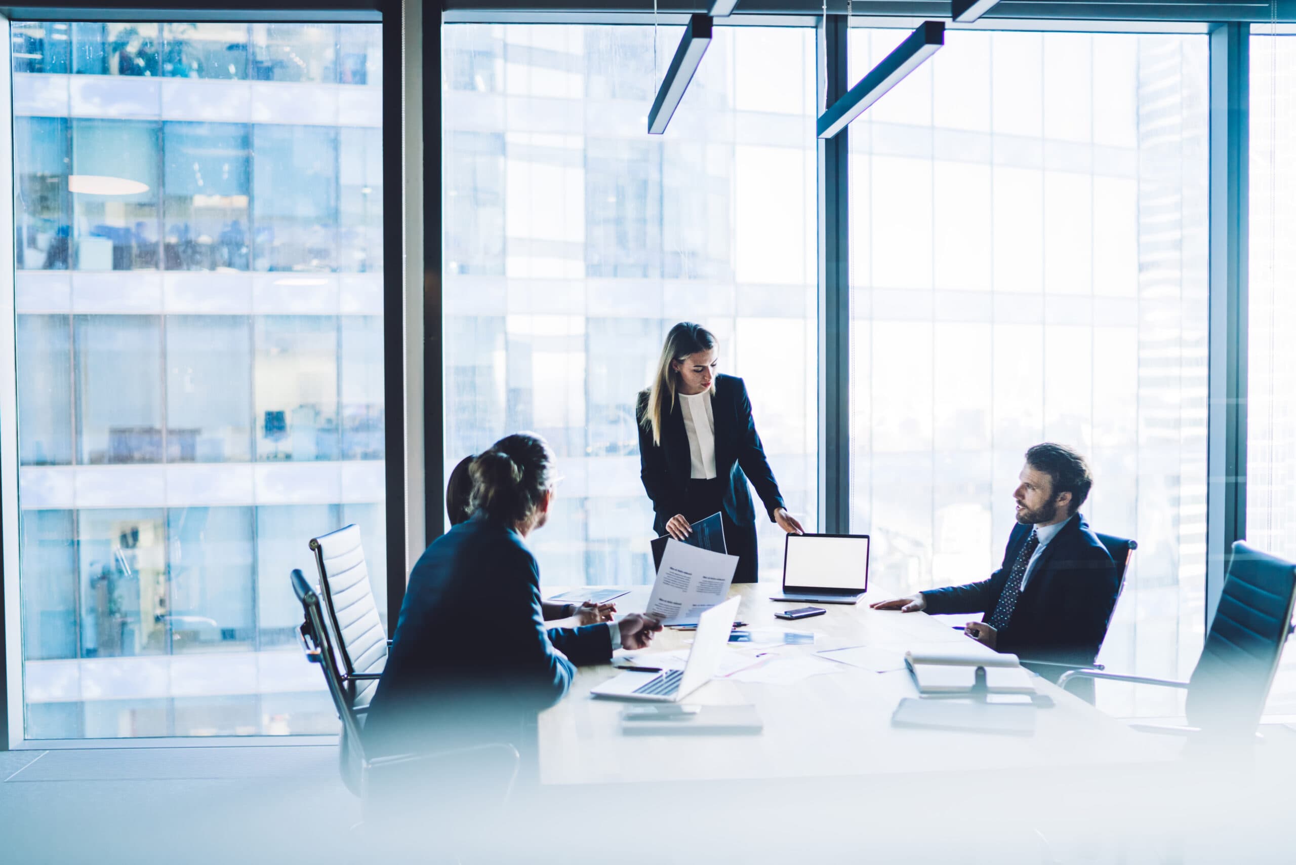 Executive in conversation across a conference table